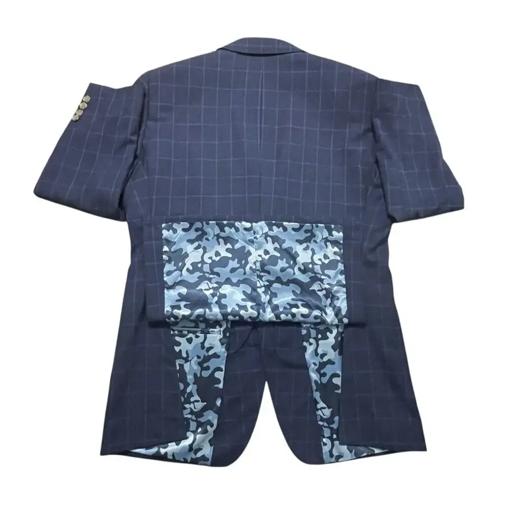 Indochino 2pc Suits Mens Size 44 R Navy Windowpane Camo Lined Jacket Pants 36x31